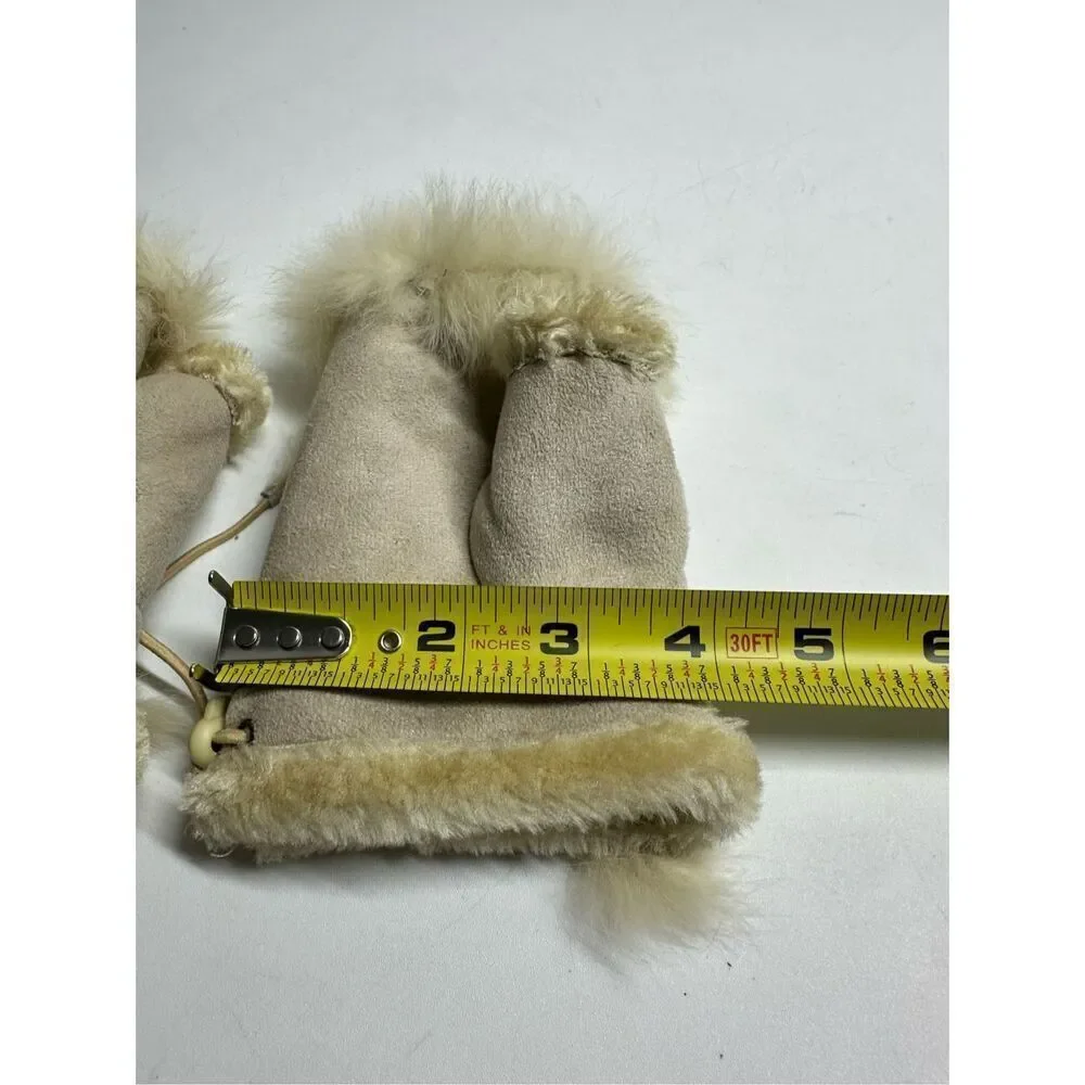 Women’s Faux Suede Fingerless Gloves Tan Beige One Size Rabbit Fur Trim Lace Up